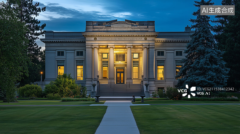 【AI数字艺术】雄伟的法院大楼沐浴在夕阳下，庄严的大门被温暖色调包围，营造出宁静而庄严的氛围，前景是修剪整齐的草坪和图片素材