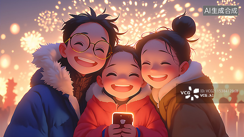 【AI数字艺术】新年卡通3D三口之家节日背景图片素材