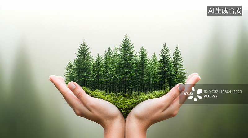 【AI数字艺术】白色背景，一双手捧着一片绿色森林，生态环境保护概念图片素材