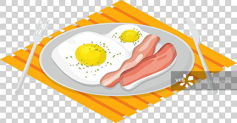 煎蛋培根盘子刀叉条纹餐巾图片素材