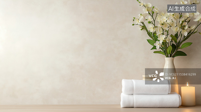【AI数字艺术】带有白色毛巾和花的宁静水疗场景图片素材