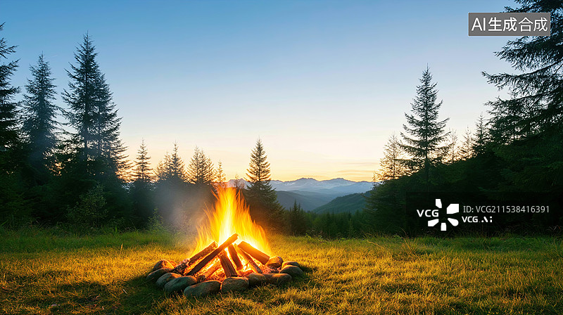 【AI数字艺术】山间篝火图片素材