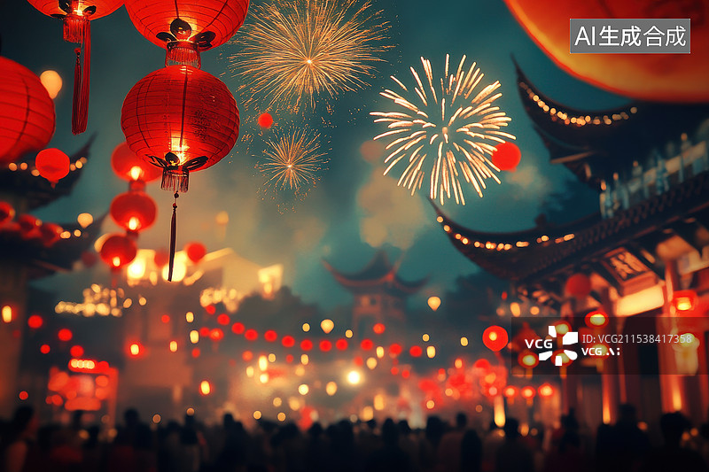 【AI数字艺术】春节除夕元宵灯会上古镇街道的红灯烟花笼特写图片素材