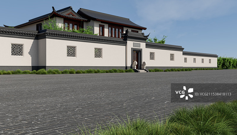 中式_古典建筑_别墅_青砖路面图片素材