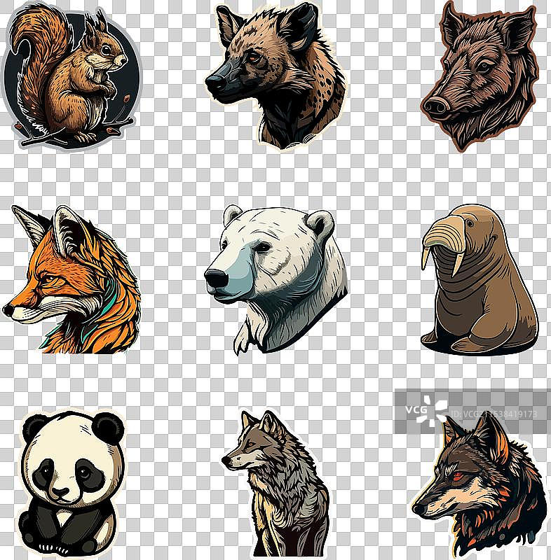 动物贴纸平面图标集，孤立在白色背景上图片素材