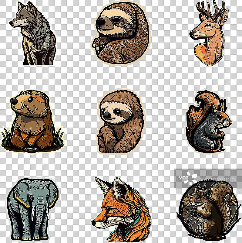 动物贴纸平面图标集，孤立在白色背景上图片素材