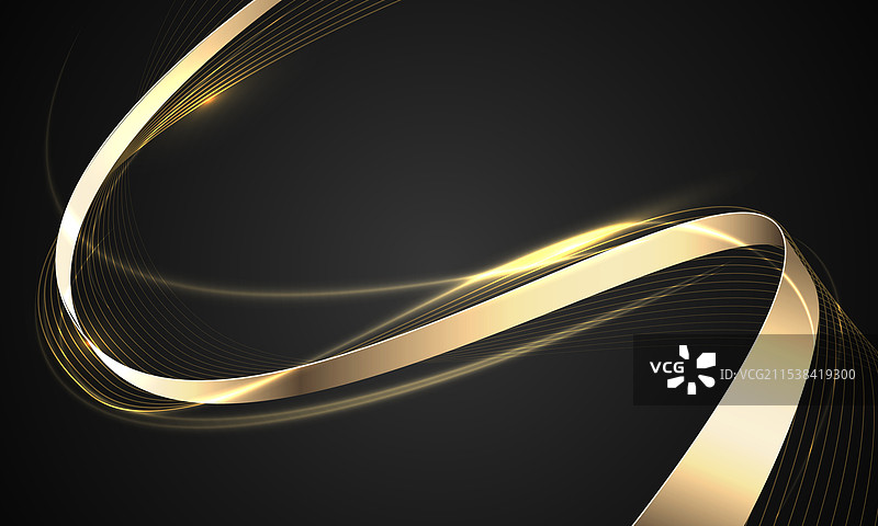 黑色背景上的抽象金色丝带奢华波浪曲线图片素材