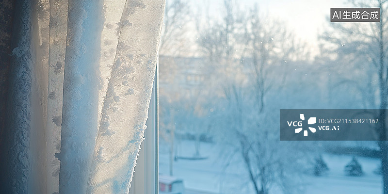 【AI数字艺术】梦幻冰晶窗花晨光映照的窗霜特写冬季场景背景节气小雪大雪霜花雪景壁纸图片素材