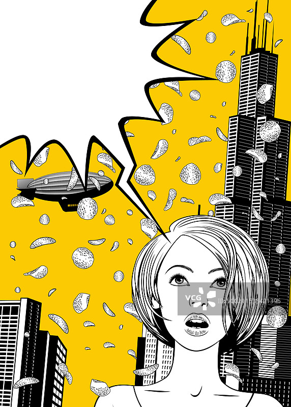 一个女孩在城市中被薯片雨淋湿图片素材