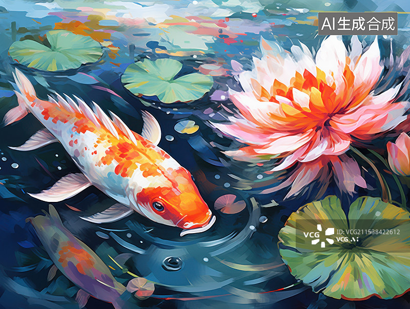 【AI数字艺术】锦鲤戏莲，悠然池塘图片素材