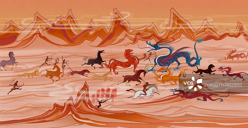 动物与龙族沙漠大战插画图片素材