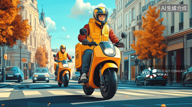 【AI数字艺术】骑行在城市街道上的外卖员图片素材