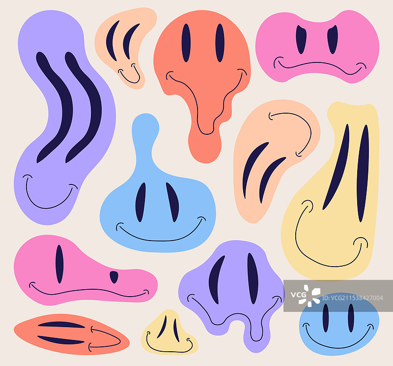 液态表情符号集，嬉皮复古微笑表情符号图片素材