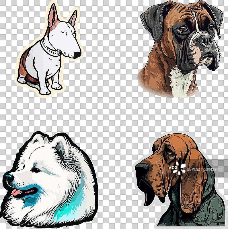 狗狗贴纸平面图标集，独立于白色背景图片素材