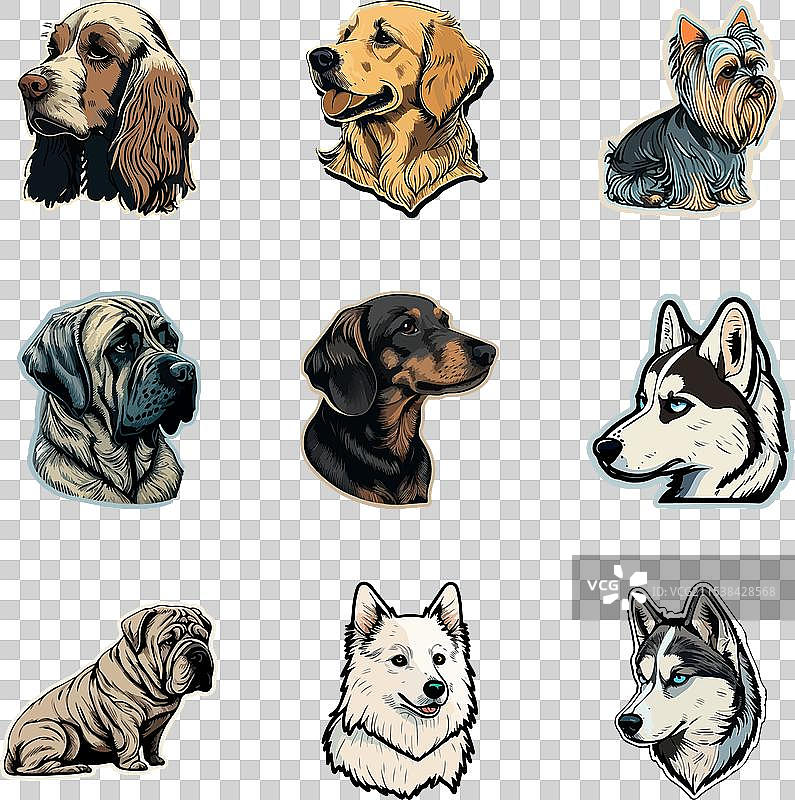 狗狗贴纸扁平图标集，独立于白色背景图片素材