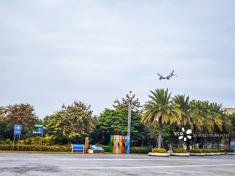 深圳宝安国际机场：飞机在多云的天空中飞行的低角度视图及棕榈树和交通出行概念经济商业广告背景图图片素材