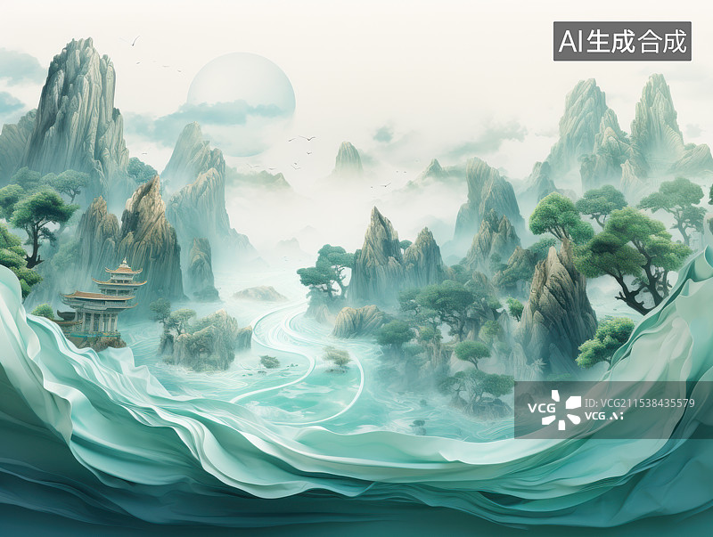 【AI数字艺术】水墨江南山水画卷，青绿山水意境图图片素材