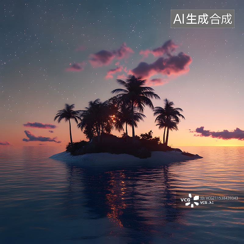 【AI数字艺术】AIGC：夏天唯美日落星空 热带海岛棕榈树 背景插图图片素材