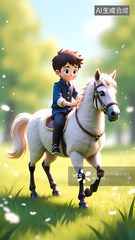 【AI数字艺术】草原上骑马的男生插画图片素材