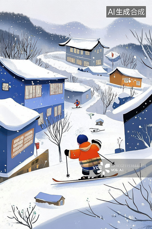 【AI数字艺术】冬天白雪皑皑儿童在滑雪玩耍图片素材