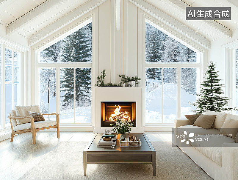 【AI数字艺术】冬天客厅壁炉落地窗沙发图片素材