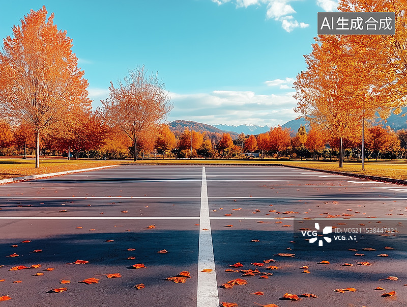 【AI数字艺术】秋天风光停车场地面落叶图片素材