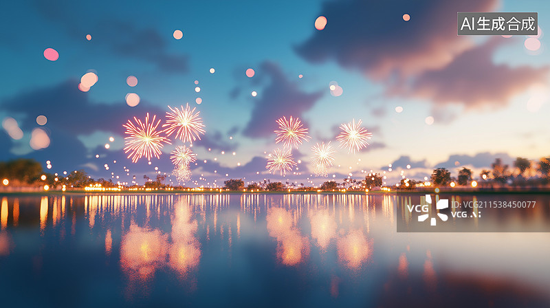 【AI数字艺术】新年主题庆祝海报——城市夜空中绽放的烟花图片素材