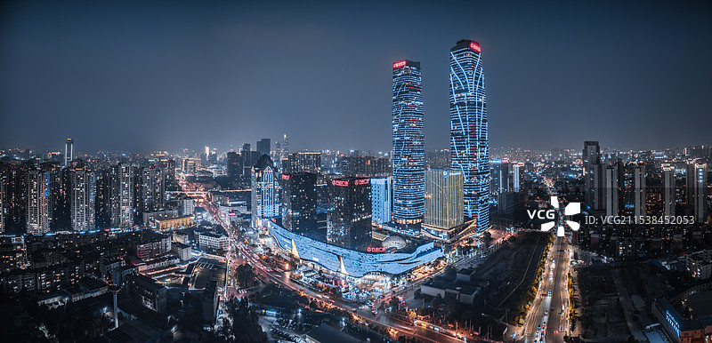 云南昆明双塔城市天际线航拍建筑夜景风光图片素材