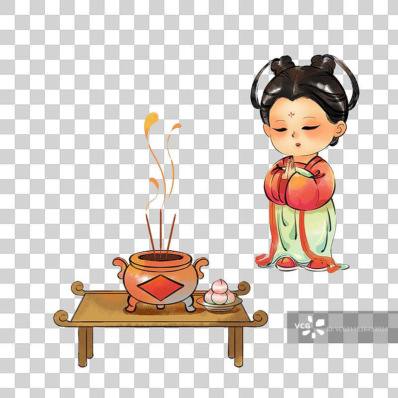 古风可爱人物拜神供神年俗插画免抠元素图片素材