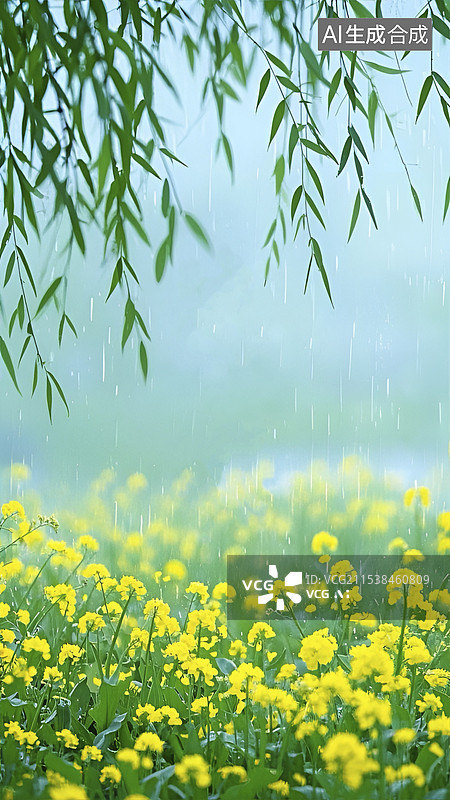 【AI数字艺术】二十四节气清明节雨中的杨柳树和油菜花插画图片素材