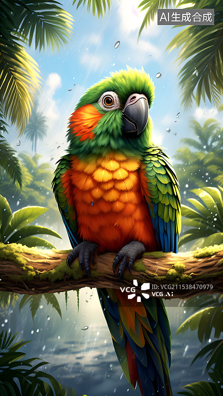【AI数字艺术】鹦鹉栖息在树上的低角度视图图片素材