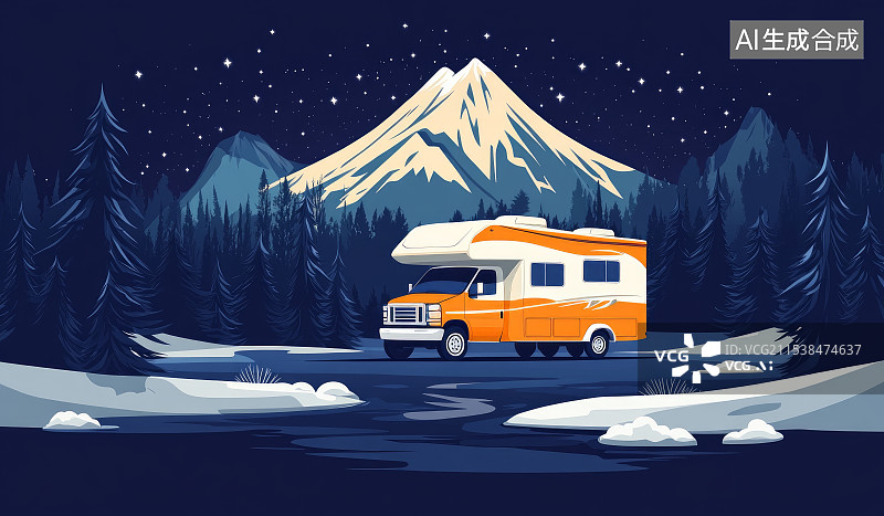 【AI数字艺术】夜晚森林中的房车自驾游场景插画图片素材