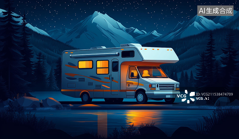 【AI数字艺术】夜晚森林中的房车自驾游场景插画图片素材