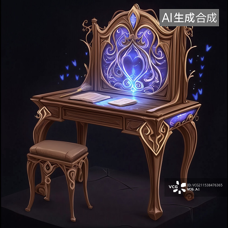 【AI数字艺术】：高美感游戏特效桌子，光影纹理酷炫，具奇幻风格，是电竞场景虚拟装饰道具，彰显艺术与特效魅力。图片素材