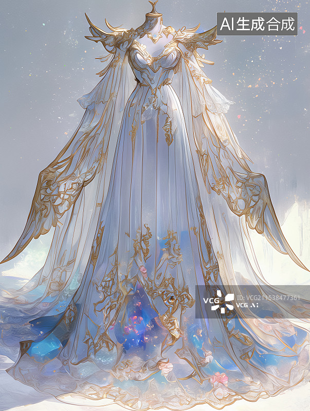 【AI数字艺术】高美感游戏特效服饰，古风仙侠风飘逸裙子，华丽玄幻，光影灵动，塑造角色魅力，尽显美服特色。图片素材