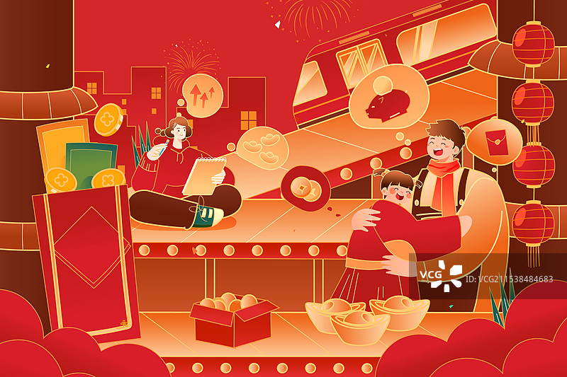 卡通新年蛇年春节年货节过年红包福袋礼包家人亲子送礼团圆春运出行消费电商古建筑中国风国潮矢量插画图片素材