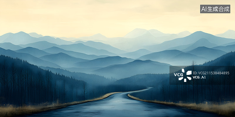 【AI数字艺术】通往远方的路和远处的山脉图片素材