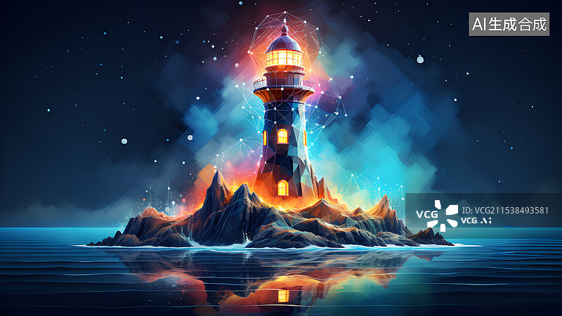 【AI数字艺术】手绘水彩画 海岛上的灯塔图片素材