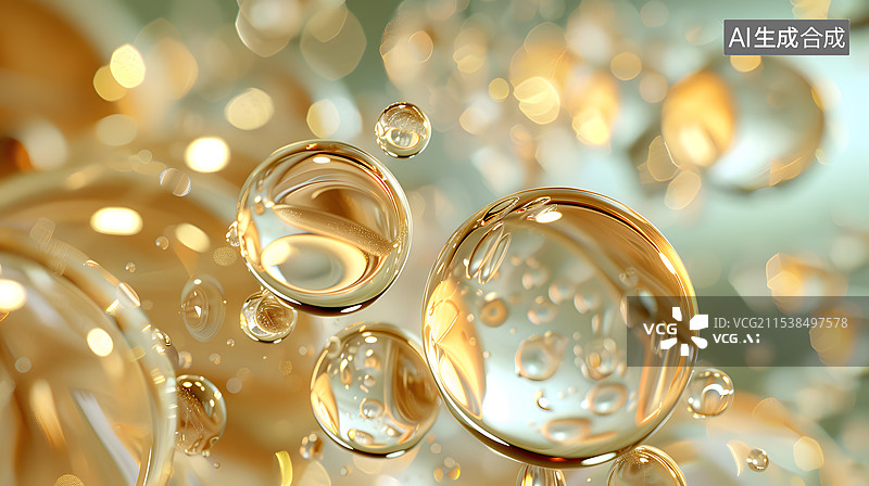 【AI数字艺术】3D渲染金色液体化妆油精华与分子液体滴在背景图片素材