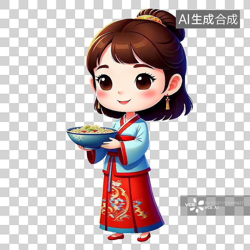 【AI数字艺术】3D渲染中国风Q版人物，手里拿着一碗面条的小女孩，长寿面，汉服，春节，新年，传统节日免抠元素图片素材