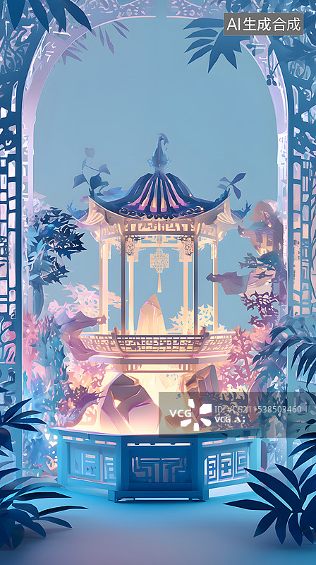【AI数字艺术】有植物和假山亭子的中式庭院立体纸雕图片素材