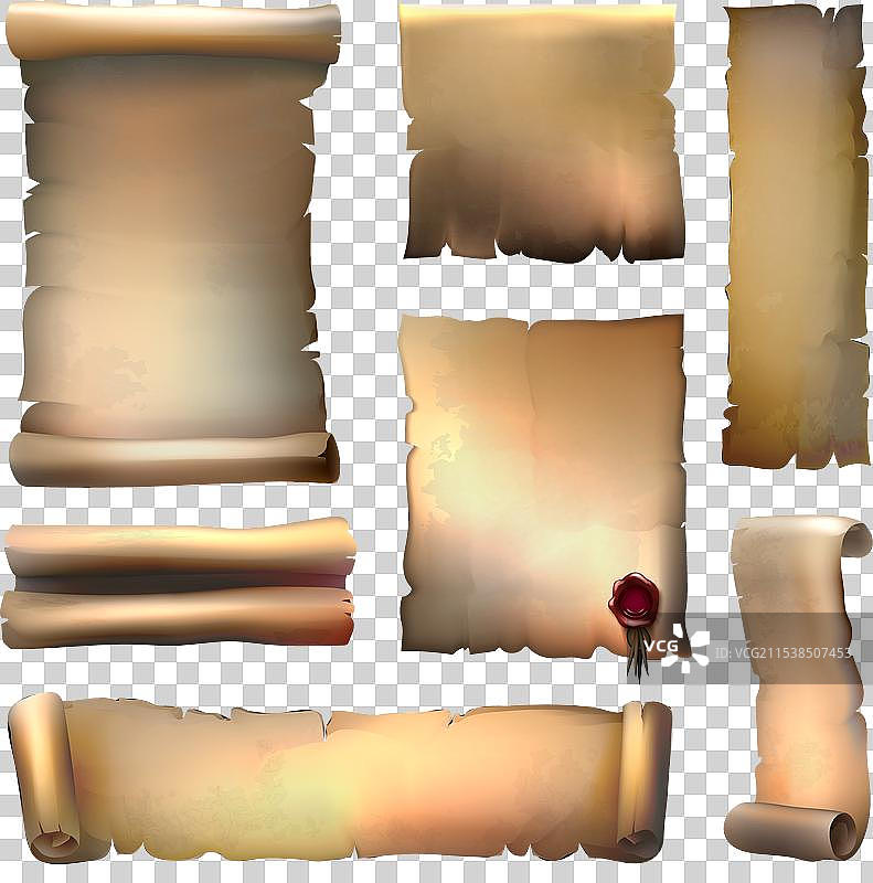 古老的纸卷套装，包含不同的纸张图片素材