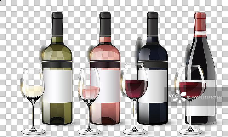 逼真的葡萄酒瓶和酒杯收藏图片素材