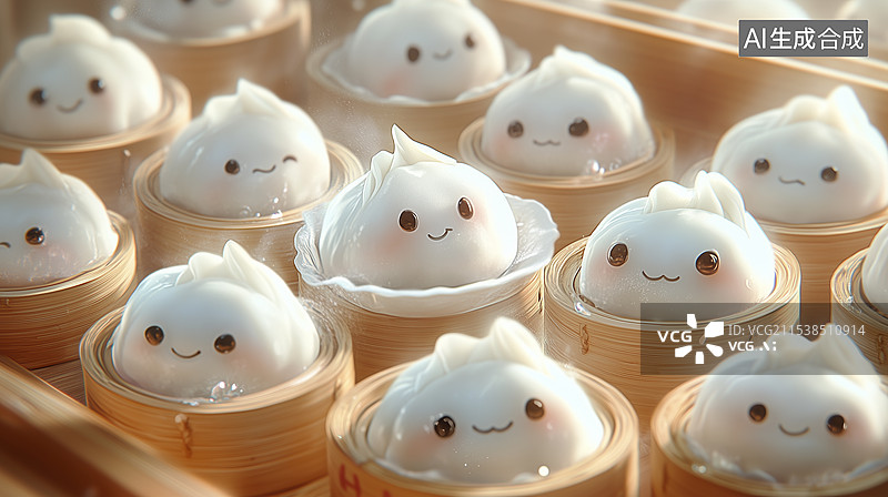 【AI数字艺术】蒸笼里可爱带笑脸的包子图片素材