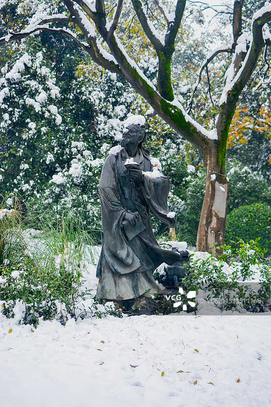 杭州中国茶叶博物馆冬雪下的雕塑图片素材