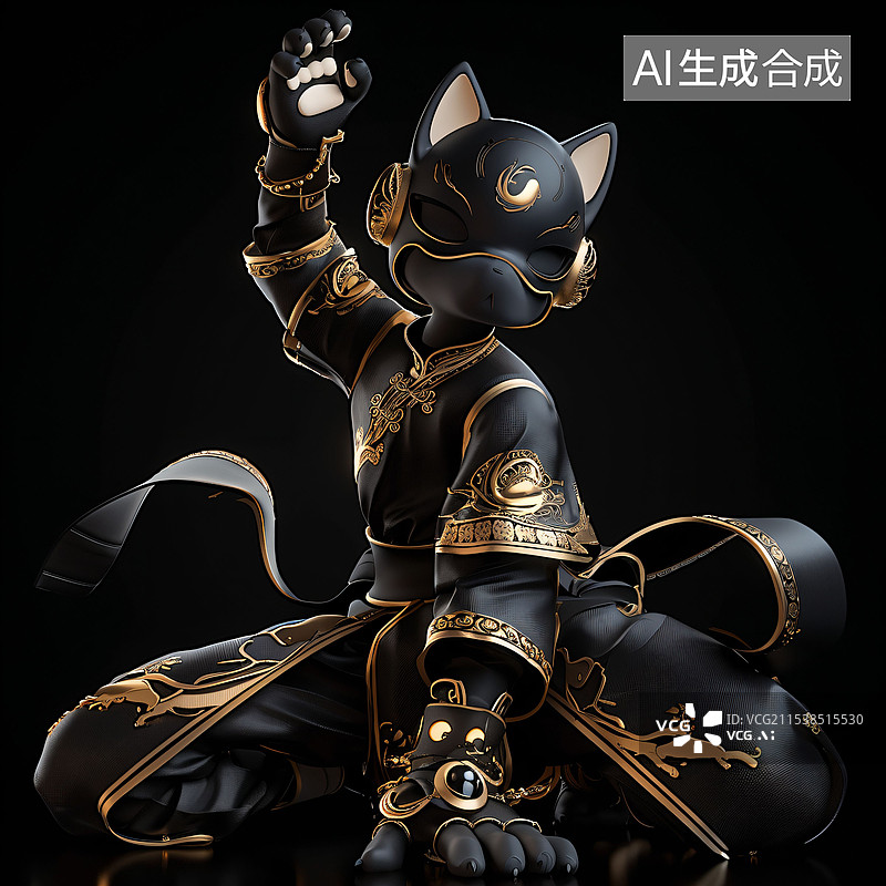 【AI数字艺术】一个黑色的猫人玩具手办特写图片素材