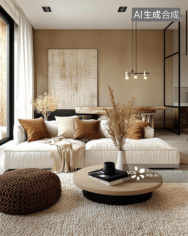 【AI数字艺术】现代极简米色客厅装修设计图片素材