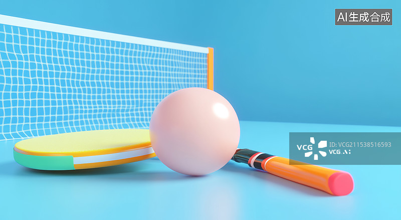 【AI数字艺术】一只乒乓球拍和一个乒乓球。球拍的表面是红色的，手柄是白色的，背景是明亮的蓝色，给人一种清新、简洁的感图片素材