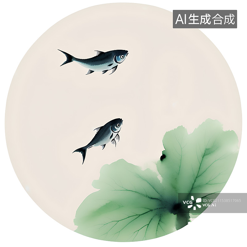 【AI数字艺术】意境古风手绘插画，鱼戏莲，连年有余，中国画，水墨画圆形扇面图片素材