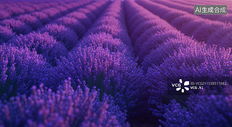 【AI数字艺术】一片美丽的薰衣草田。画面中，一排排整齐的薰衣草花丛延伸至远方，花朵呈现出深浅不一的紫色，背景是柔和的图片素材